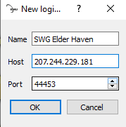 Elder Haven login setup: name SWG Elder Haven, host 207.244.229.181, port 44453.